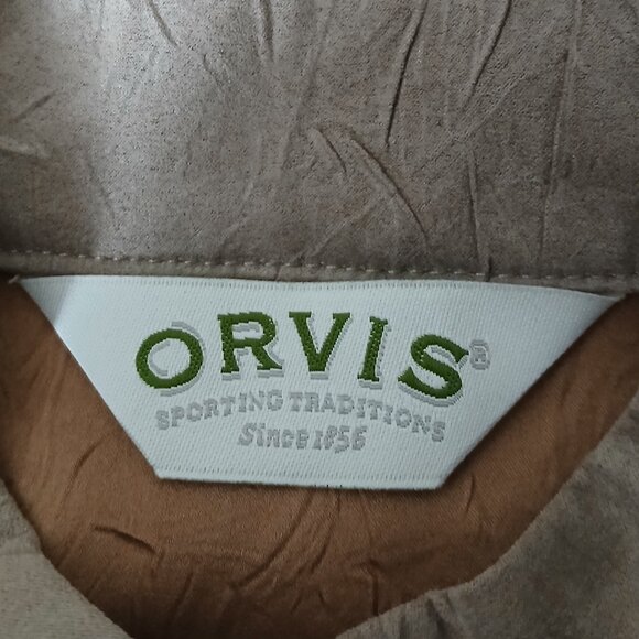 Orvis Jacket Blouse Top Size 6 Textured Crepe Beige Button Front Faux Suede - Picture 9 of 11